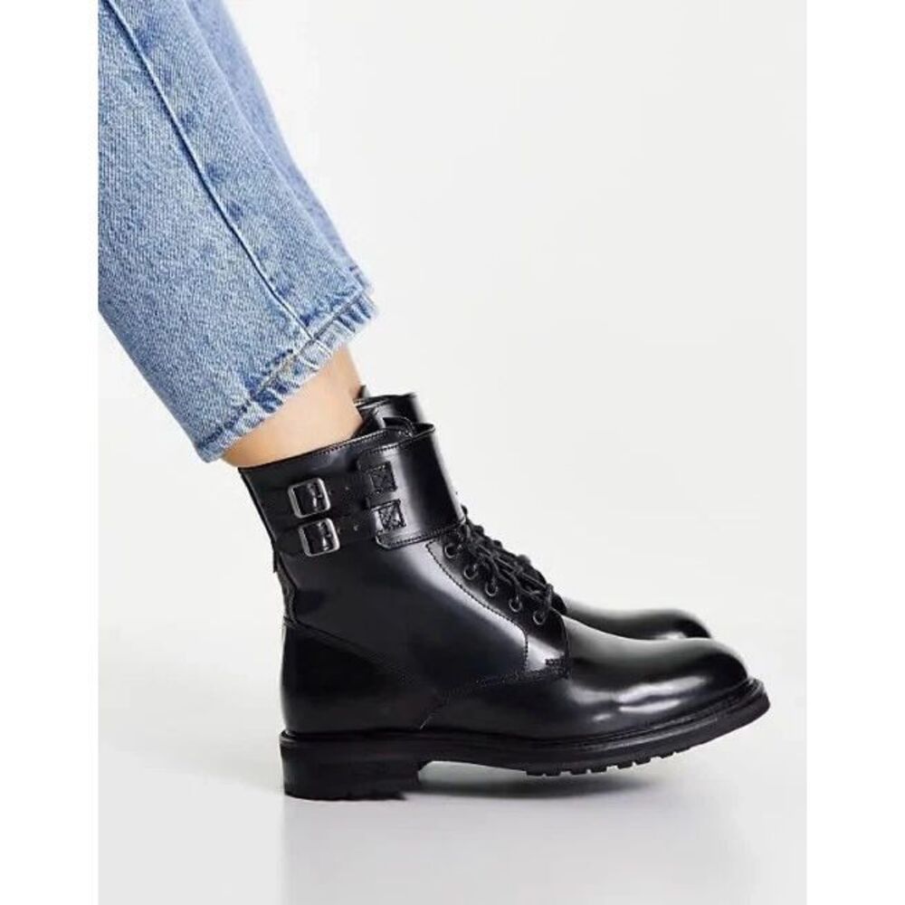 All Saints Brigade Women’s Combat Ankle Boots Black Leather Lace Up EU 40 US 10